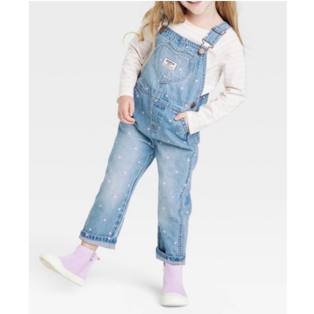 OshKosh B'gosh Toddler Girls Heart Printed Denim Jean Overalls Size 2T